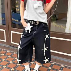 批发美式街头复古星星刺绣牛仔七分裤男女cleanfit宽松显瘦阔腿短裤潮
