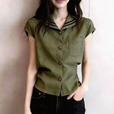 批发绿色短袖衬衫女夏季2026新款高级感洋派减龄修身显瘦翻领通勤上衣