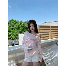 批发粉色字母印花长袖T恤女夏季薄款宽松<b class='q'>休闲</b>设计感小众上衣
