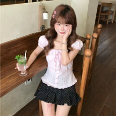 批发韩系甜美小衫方领一字肩泡泡袖正肩短袖衬衫女蝴蝶结衬衣粉色上衣