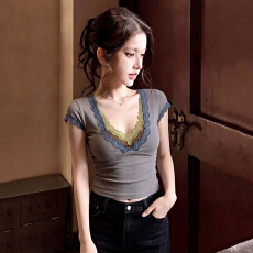 批发欧美蕾丝拼接V领短袖T恤女2026夏季新款法式修身显瘦灰色<b class='q'>小衫</b>上衣