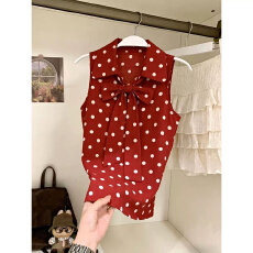 批发复古甜心红色波点无袖衬衫女夏季新款蝴蝶结绑带时尚<b class='q'>通勤</b>减龄上衣