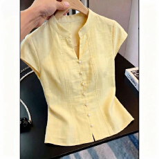 批发夏季高级轻奢风短袖衬衫女珍珠扣立领显瘦上衣设计感<b class='q'>甜美</b>别致衬衣
