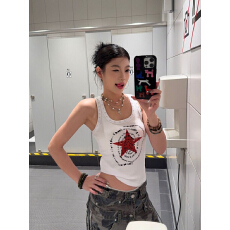 批发美式辣妹星星字母印花钉珠吊带背心女修身显瘦外穿无袖打底上衣夏