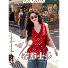 批发明媚吊带背心波点褶皱下摆夏日通勤红色修身显瘦<b class='q'>百搭</b>时尚韩版上衣