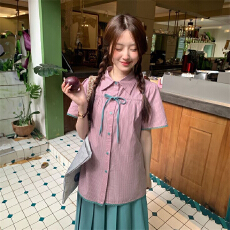 批发日系甜美学院风粉色条纹系带衬衫+绿色百褶半身裙女学生两件/套装