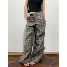 批发美式复古褶皱格纹设计感<b class='q'>休闲裤</b>男女宽松阔腿直筒高级感老钱风长裤