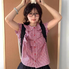 批发<b class='q'>娃娃领</b>格子短袖<b class='q'>衬衫</b>女夏季复古小众蝴蝶结系带收腰小衫短款上衣潮