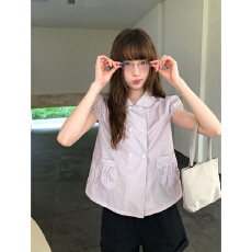 批发【粉格甜茶】日系<b class='q'>娃娃领</b>粉格衬衫女夏新款温柔短袖双排扣格子<b class='q'>上衣</b>