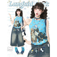 批发小众湖蓝色星星印花猫狗印花小吊带女亚文化<b class='q'>街头</b>减龄绑带挂脖背心