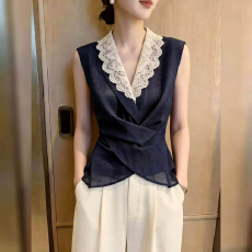 批发2026年夏季新品法式深蓝色无袖上衣女小众设计感<b class='q'>蕾丝</b>绝美气质