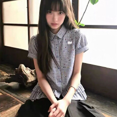 批发蓝色格纹荷叶边短袖衬衫女夏季新款宽松学院风复古短款泡泡袖上衣
