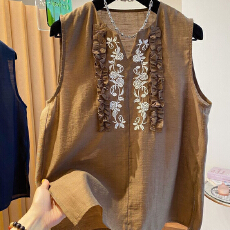 批发高级感乱格麻棉麻无袖上衣女2026夏季新款刺绣背心<b class='q'>衬衫</b>女