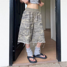 批发美式复古高街印花迷彩毛边<b class='q'>短裤</b><b class='q'>男</b>女酷飒风宽松阔腿牛仔工装<b class='q'>七分裤</b>