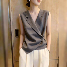 批发法式轻熟风无袖<b class='q'>西装</b>领上衣女2026年夏季新款灰色收腰系带通勤显瘦