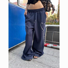 批发美式设计感烫钻抽绳阔腿卫裤男女<b class='q'>宽松</b>显瘦爵士舞休闲<b class='q'>运动</b>拖地长裤
