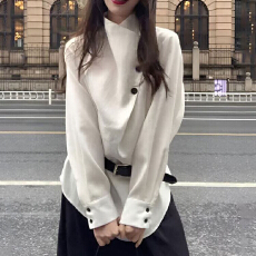 批发不规则系带立领<b class='q'>长袖</b>白<b class='q'>衬衫</b>女款2026新款早春收腰显瘦时尚百搭上衣
