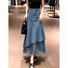 批发蓝色蕾丝拼接牛仔<b class='q'>半身裙</b>女2026夏季流行新款高腰显瘦时尚A字裙子