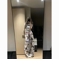 批发美式运动松紧腰迷彩撞色阔腿休闲裤女休闲街舞宽松字母印花弯刀裤