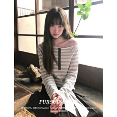 批发韩系斜肩<b class='q'>条纹</b><b class='q'>长袖</b><b class='q'>T</b><b class='q'>恤</b>女春夏慵懒感星星印花防晒罩衫微透露肩上衣