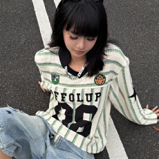批发美式<b class='q'>街头</b>运动卫衣女秋季数字刺绣v领球衣t恤宽松重磅情侣长袖上衣