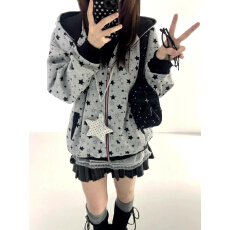 美式高级感星星满印灰色连帽卫衣女秋冬小众休闲宽松拉链开衫外套