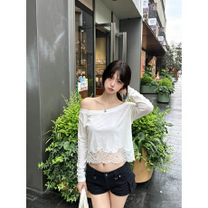 批发蕾丝拼接长袖T恤女夏韩系小众减龄宽松显瘦性感辣妹气质防晒罩衫