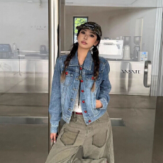 批发美式复古牛仔外套短款2026秋季修身新款翻领<b class='q'>百搭</b>设计休闲夹克上衣