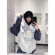 批发美式复古拼接撞色星星印花连帽开衫卫衣男女宽松休闲百搭外套