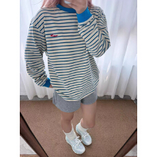批发慵懒风圆领撞色条纹长袖t恤男女春季美式复古宽松打底衫上衣情侣