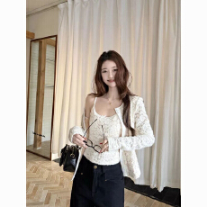 批发春季法式甜辣妹<b class='q'>套装</b>蕾丝长袖外套女装内搭修身吊带背心上衣两件套