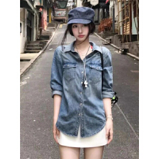 批发港风时尚复古水洗<b class='q'>牛仔</b><b class='q'>衬衫女</b>长袖春秋款宽松轻薄柔软经典衬衣外套