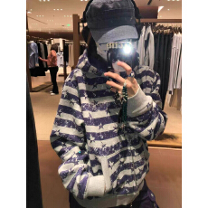 批发美式星星满印条纹紫色卫衣连帽女秋季<b class='q'>宽松</b>休闲潮牌撞色双拉链外套