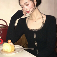 批发韩系穿搭黑色长袖t恤女秋冬季小个子修身短款豹纹挂脖<b class='q'>上衣</b>两件套