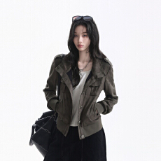 批发美式复古立领工装夹克女2026春秋新款设计感辣妹修身麂皮绒外套潮