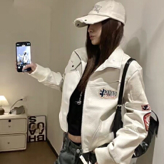 批发欧范儿时髦辣妹红色五角星撞色刺绣PU肌理感皮衣外套女春秋季夹克