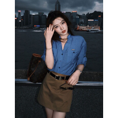 批发套装女2026夏季新款韩系克莱因蓝<b class='q'>长袖</b><b class='q'>衬衫</b>宽松上衣高腰显瘦半身裙