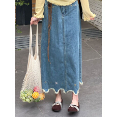 批发<b class='q'>复古</b>刺绣毛边牛仔半身裙女韩系学院高腰设计感a字中长款包臀裙子