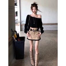 批发套装女2026早秋新款纯欲辣妹修身黑色斜肩<b class='q'>长袖</b>T恤上衣高腰半身裙