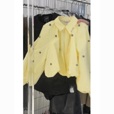 批发黄色polo领花朵<b class='q'>泡泡袖</b>衬衫外套女秋季法式温柔风宽松外穿衬衣<b class='q'>上衣</b>