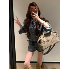 批发辣妹酷飒牛仔套<b class='q'>装</b>女2026早秋美式做旧水洗<b class='q'>衬衫</b>高腰短<b class='q'>裤</b>潮流两件套