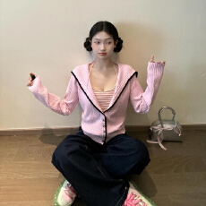 批发甜美慵懒学院风秋季海军领<b class='q'>针织</b>外套毛衣开衫女显瘦气质上衣