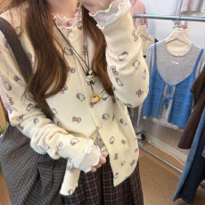 批发韩系甜美碎花<b class='q'>针织</b>开衫秋季圆领毛衣洋气显瘦外套百搭新款长袖上衣