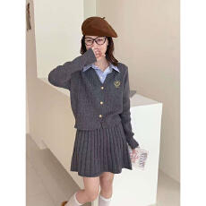 批发韩系学院风jk套装裙女秋季两件套衬衫领<b class='q'>针织</b><b class='q'>开衫外套</b>+百褶半身裙