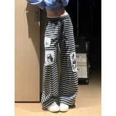 批发美式风条纹贴布做旧阔腿裤女秋季宽松抽绳跳舞运动裤百搭休闲<b class='q'>长裤</b>