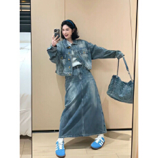 批发牛仔套装2026秋韩式宽松版慵懒风牛仔上衣+高腰<b class='q'>半身裙</b>两件套套装
