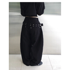 批发美式街头背后铆钉装饰扣带<b class='q'>潮流</b><b class='q'>时尚</b>百搭阔腿牛仔裤女宽松长裤Y2K