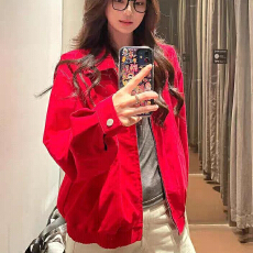 批发宽松港风温柔风高级感红色翻领外套女<b class='q'>春</b>秋时尚帅酷上衣休闲夹克