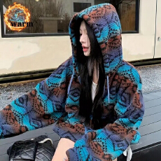 批发女装休闲短款双面毛绒撞色<b class='q'>格子</b>夹克开衫连帽外套外穿秋冬款