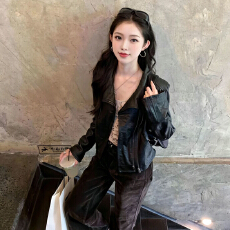 批发高级感复古黑色机车翻领皮衣外套女秋冬新款时髦气质通勤夹克外套
